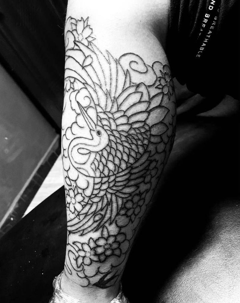 仙鹤纹身图片_脚部老传统纹身图案