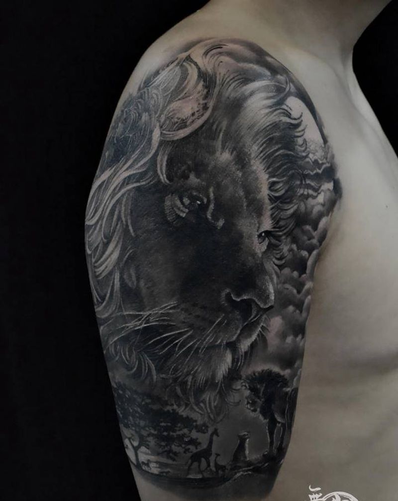 雄狮遮盖纹身图片_手臂欧美写实纹身图案