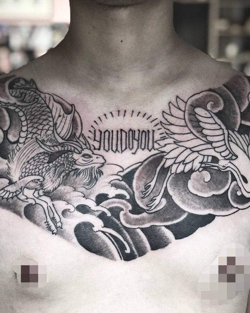 摩羯座与仙鹤纹身图片_胸部纹身图案