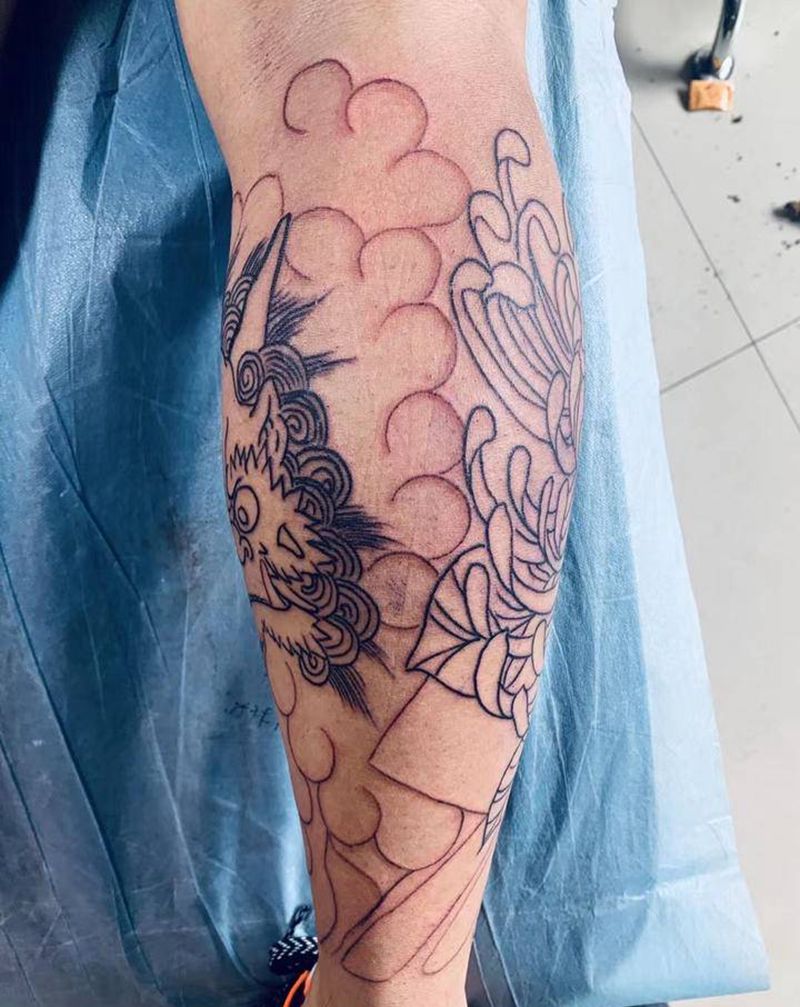 小腿初步线条纹身图片_腿部纹身图案