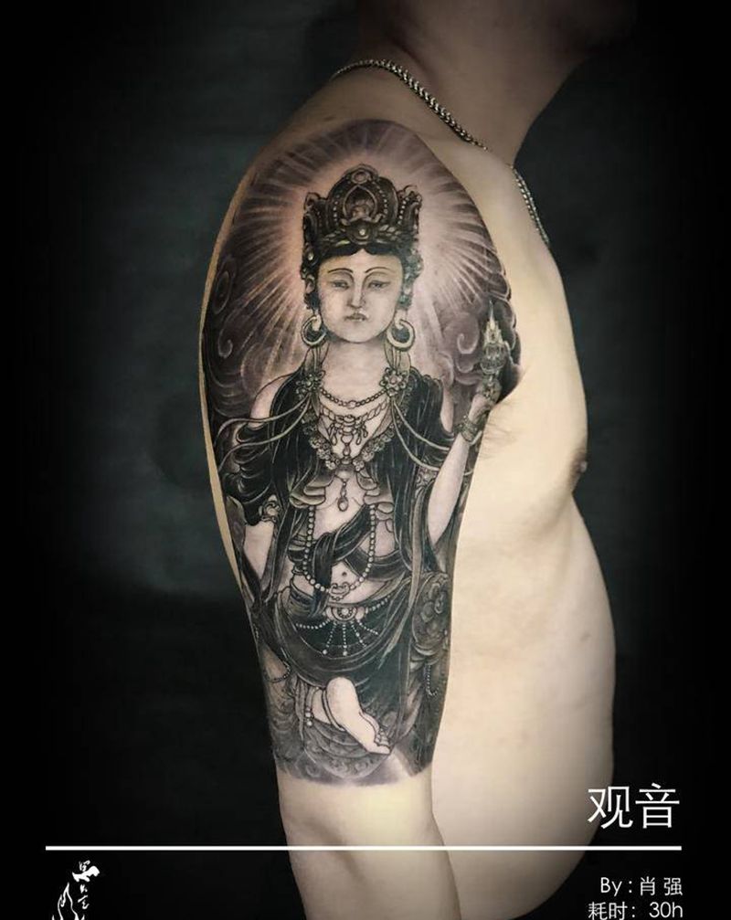 观自在纹身图片_手臂新传统老传统观音纹身图案