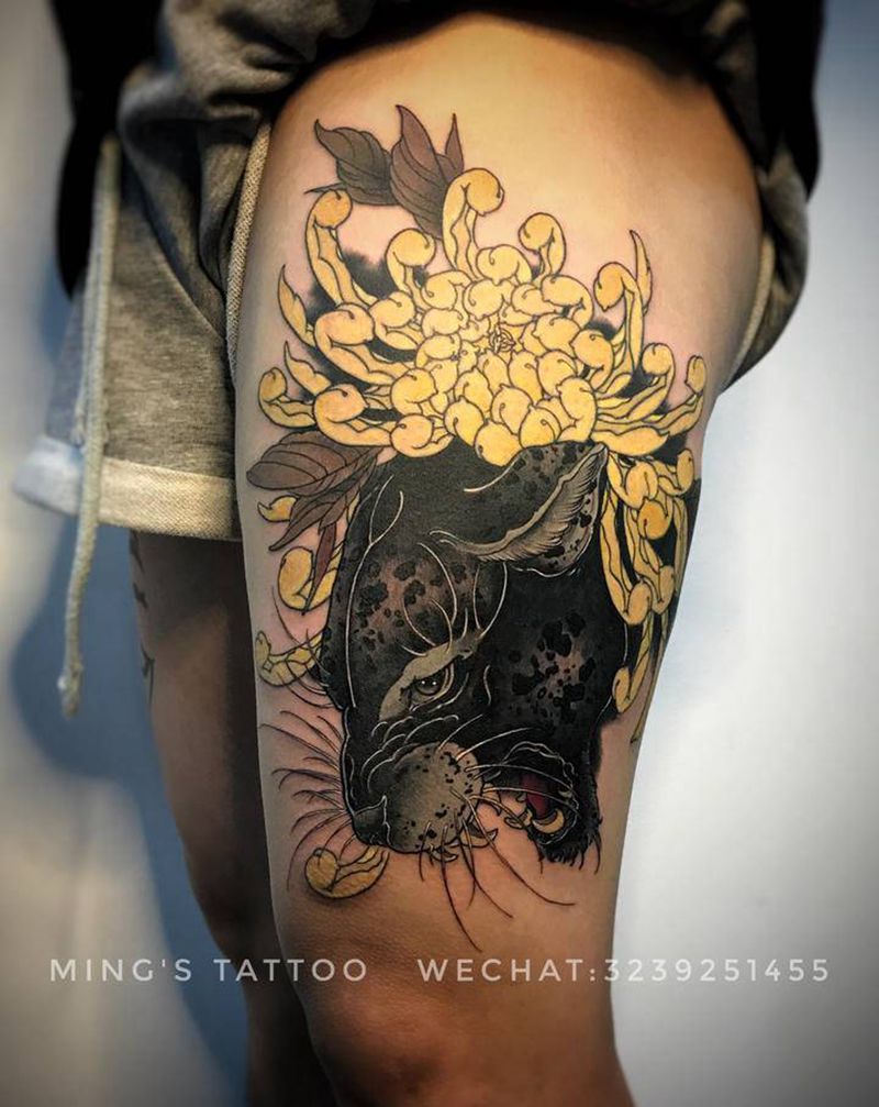 豹。菊花纹身图片_腿部New School菊花黑豹纹身图案