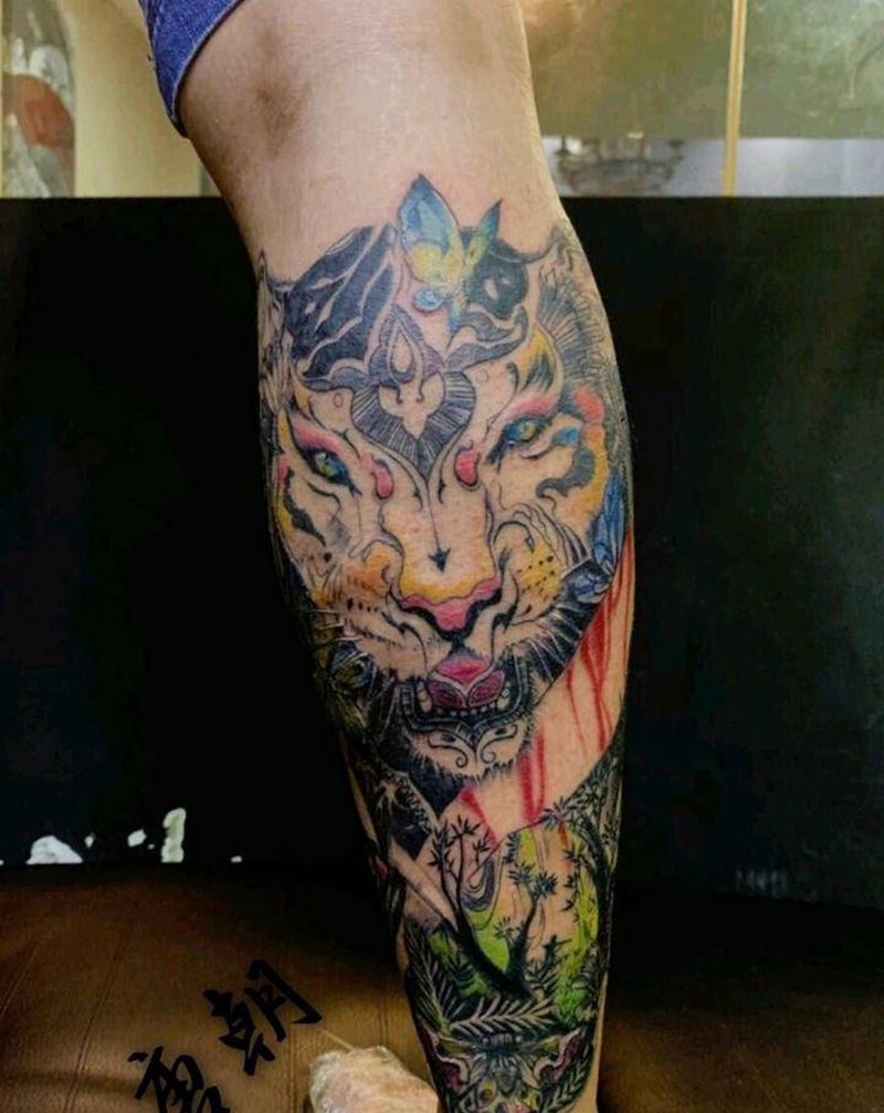 老虎水彩纹身图片_腿部脚部水彩新传统纹身图案
