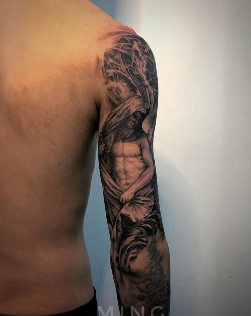 石雕纹身图片_手臂欧美写实石雕纹身图案