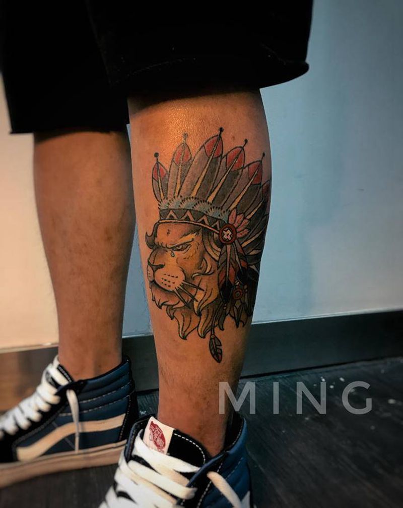 狮子纹身图片_腿部老传统狮子纹身图案