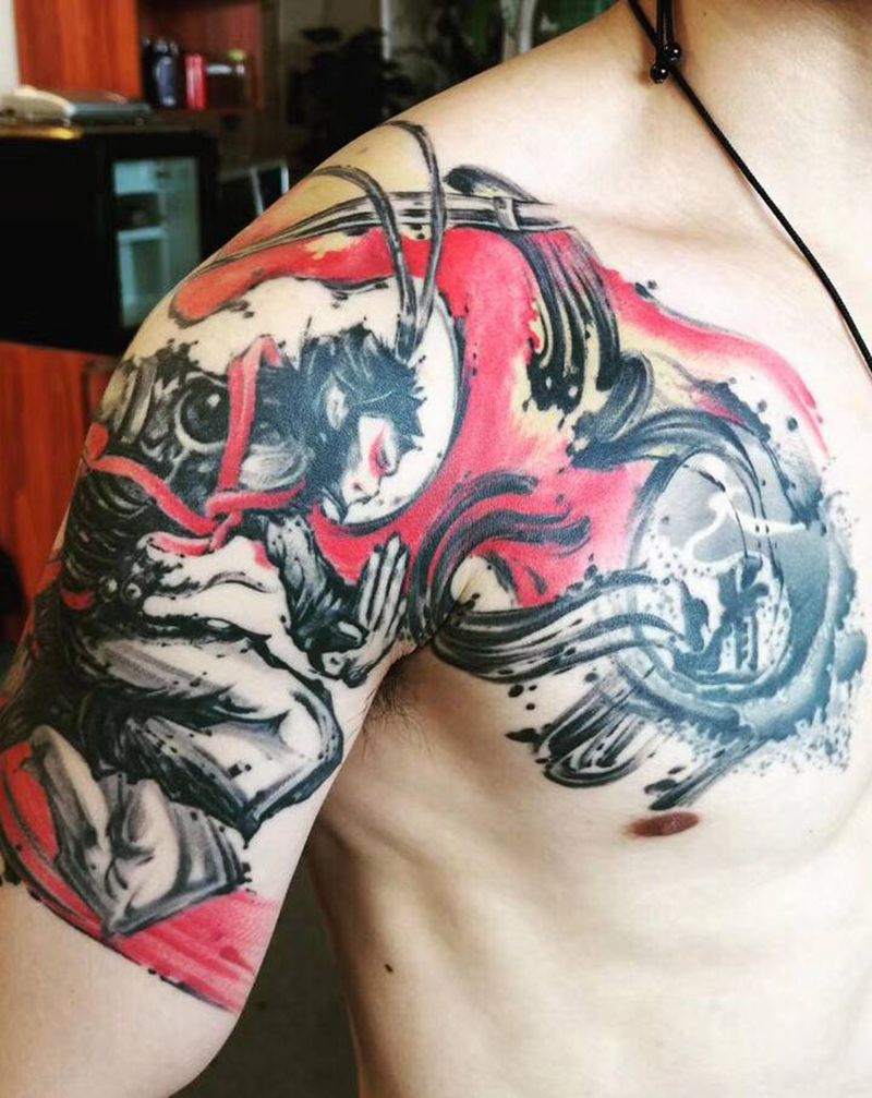 悟空纹身图片_胸部手臂水墨半甲纹身图案