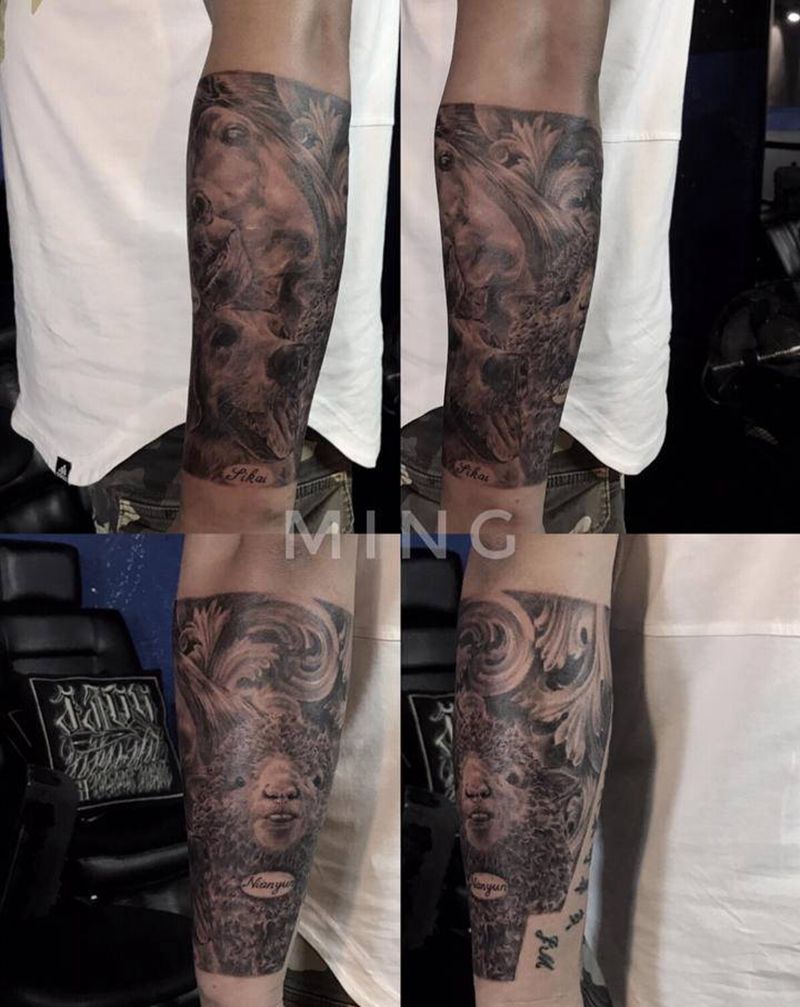 一家纹身图片_手臂欧美写实绵羊狗马纹身图案