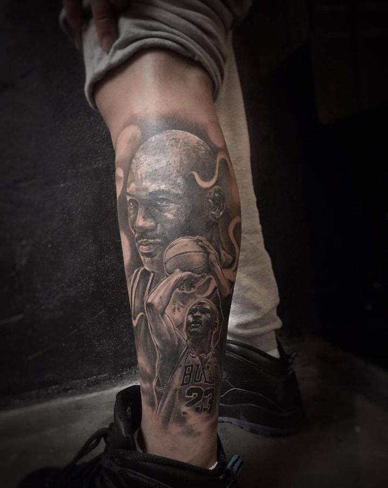 Jordon纹身图片_腿部欧美写实乔丹篮球纹身图案