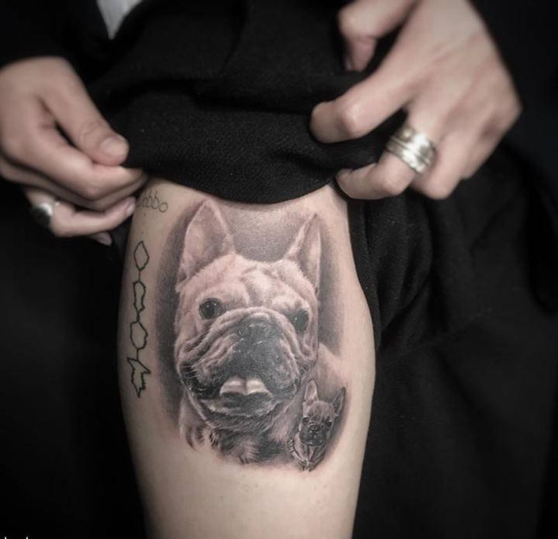 法斗纹身图片_腿部欧美写实法斗宠物狗纹身图案