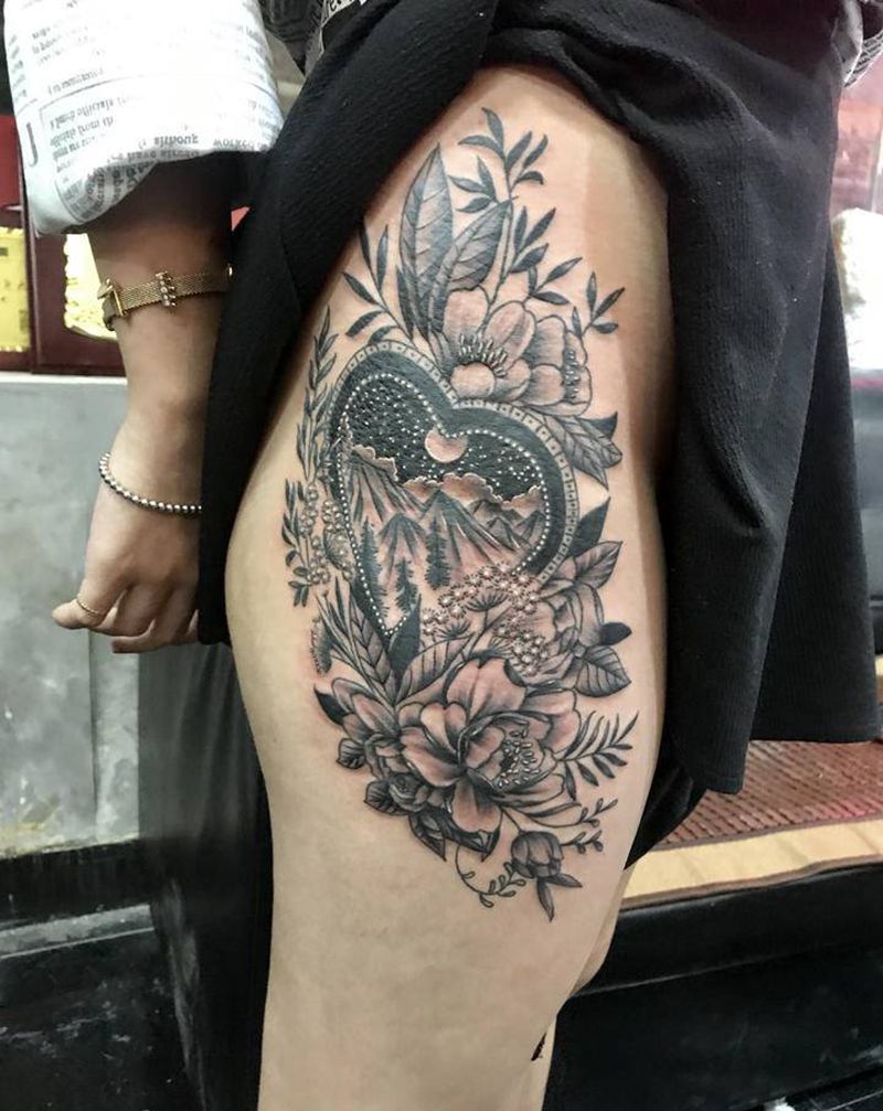 素花纹身图片_腿部纹身图案