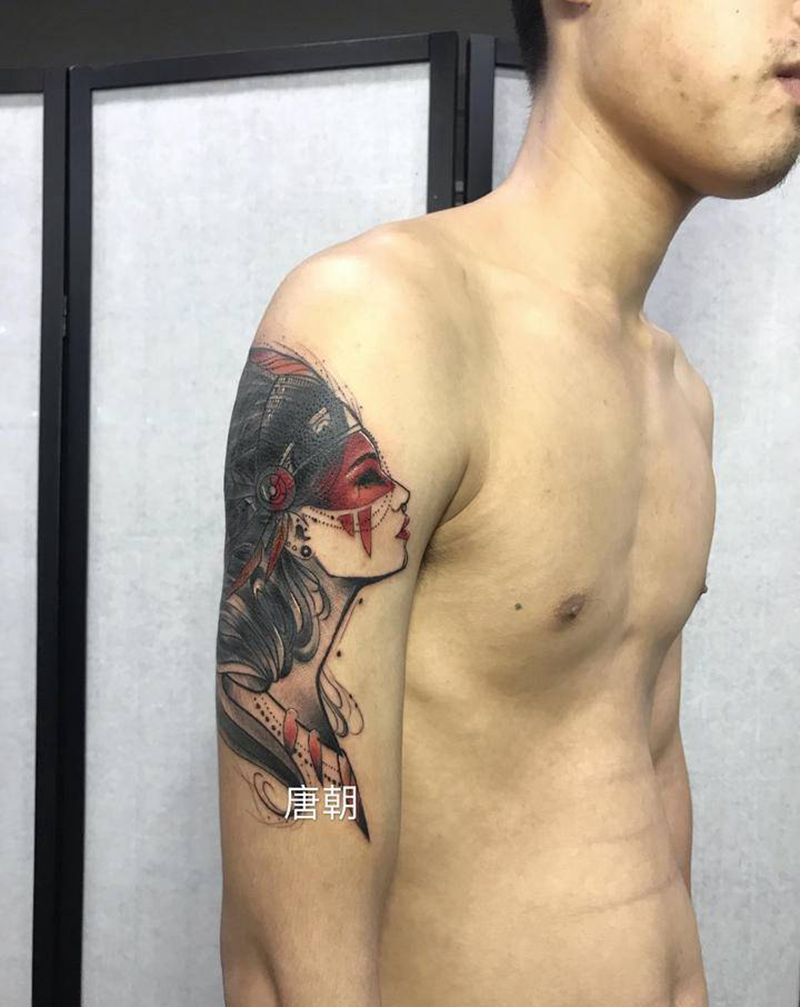 歐美美女遮盖纹身纹身图片_手臂肩部欧美写实水彩歐美写实遮盖彩色写实纹身图案