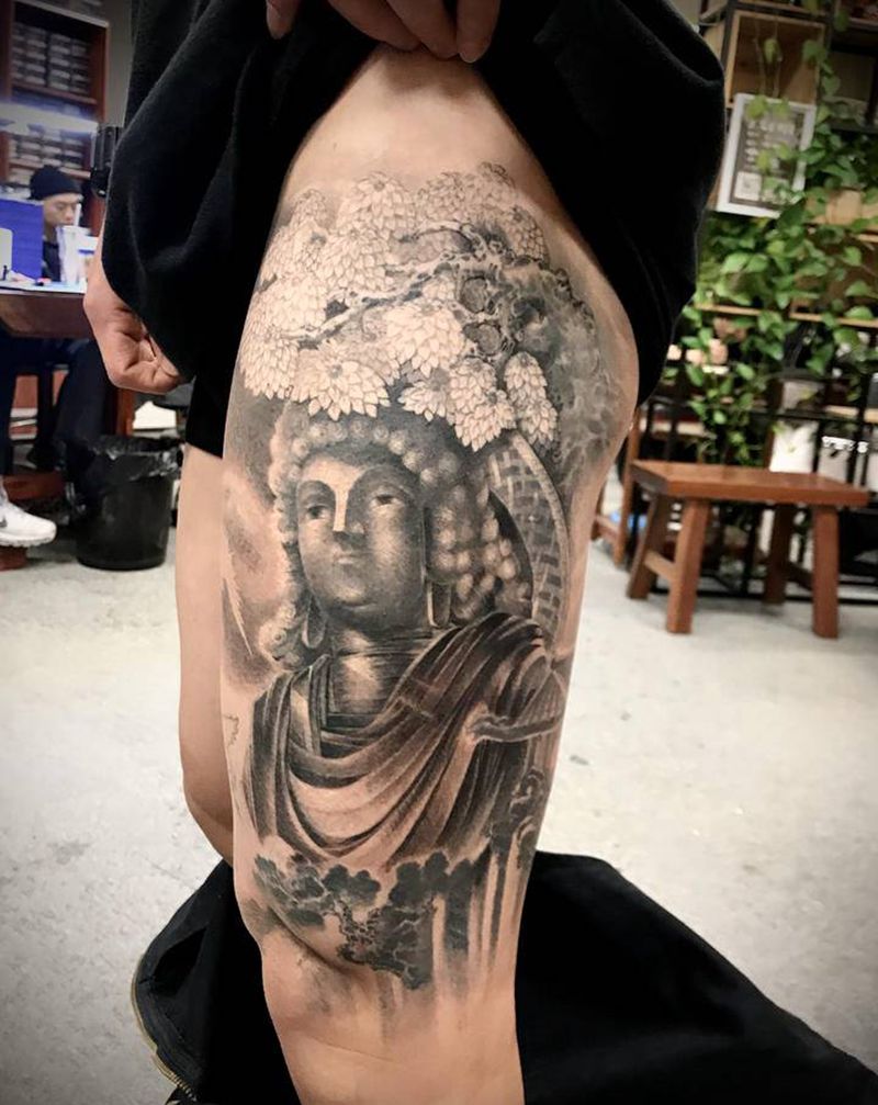 达摩纹身图片_腿部水墨新传统纹身图案