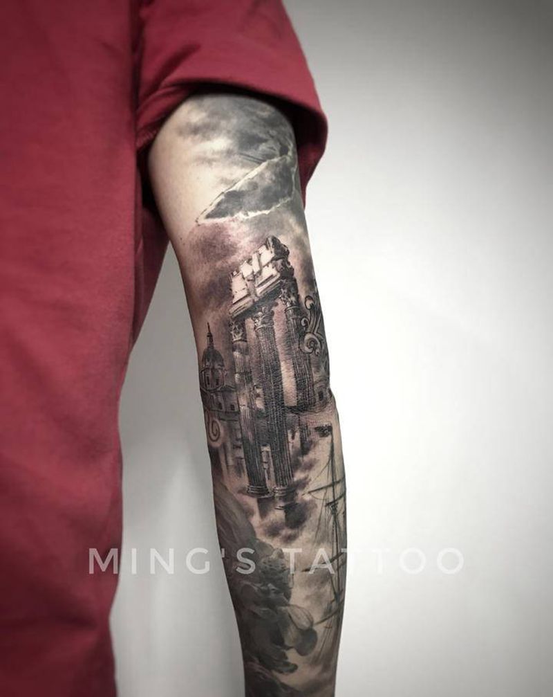 败瓦纹身图片_手臂欧美写实建筑纹身图案