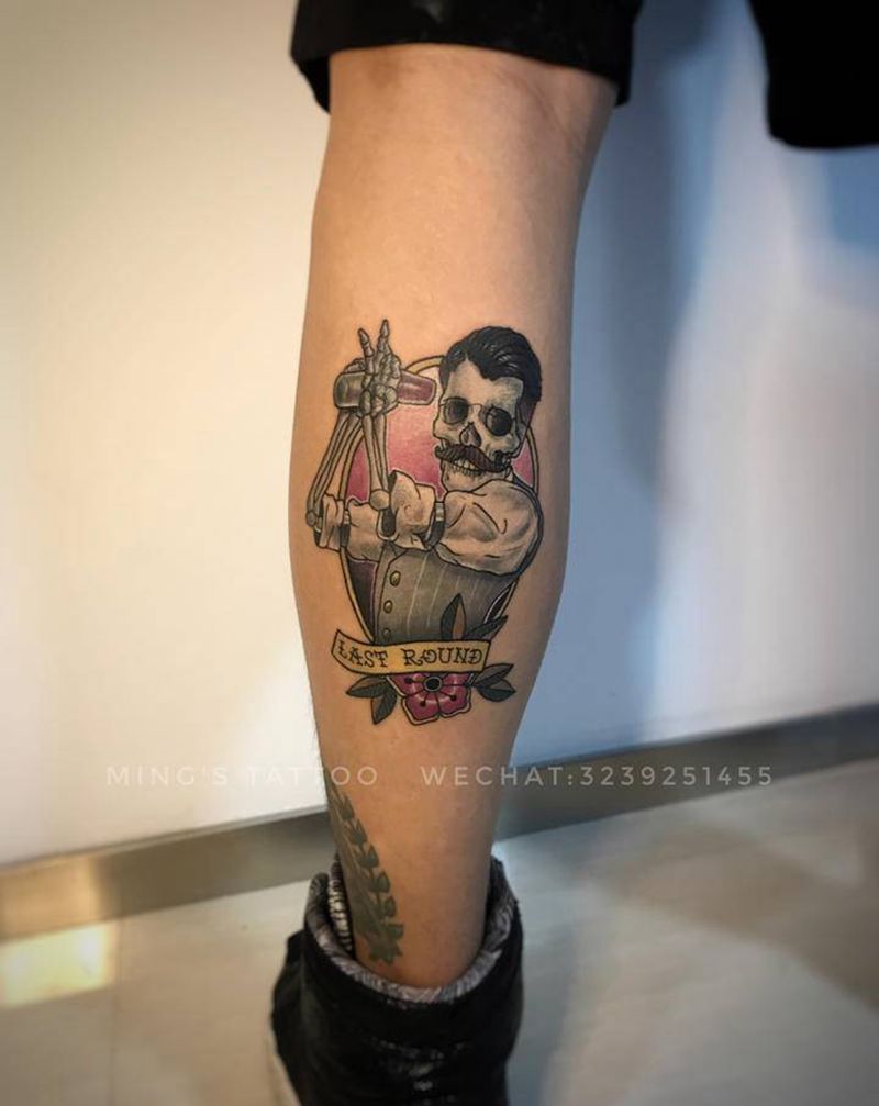 骷髅调酒师纹身图片_腿部Old School骷髅纹身图案