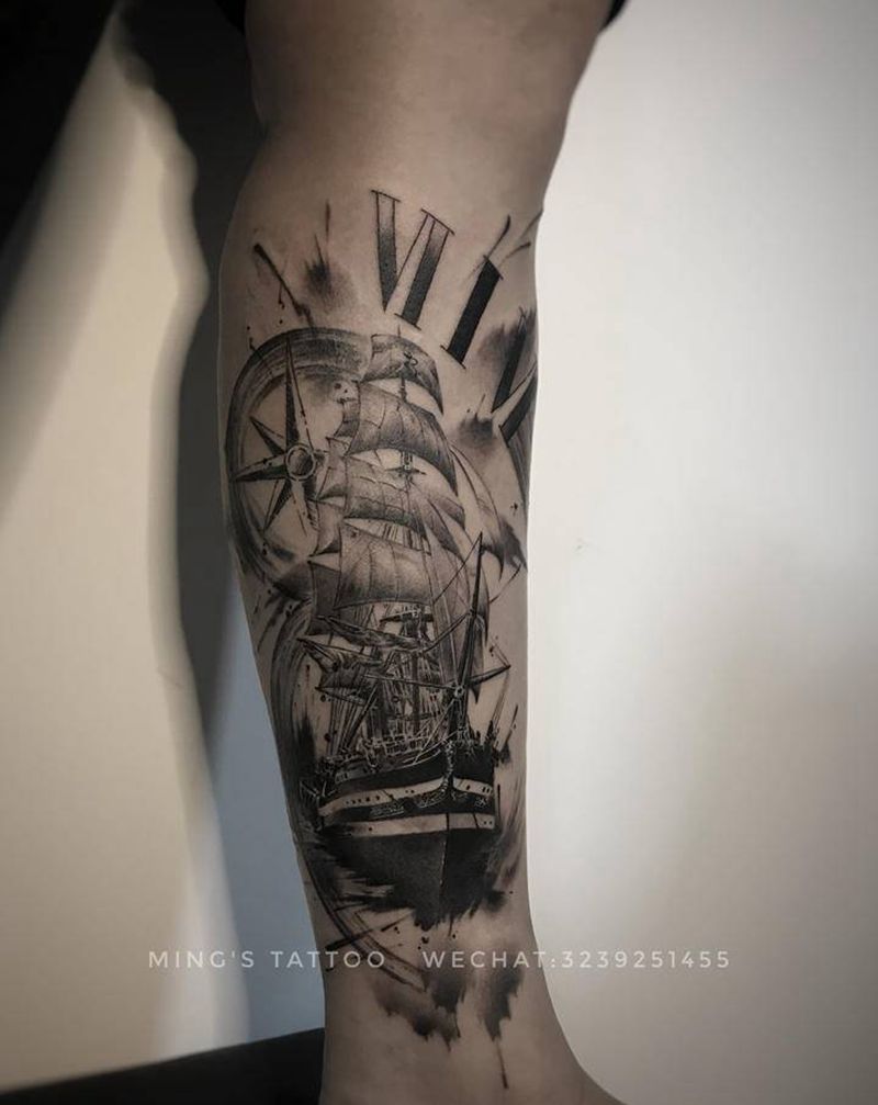 小帆船纹身图片_腿部欧美写实帆船纹身图案