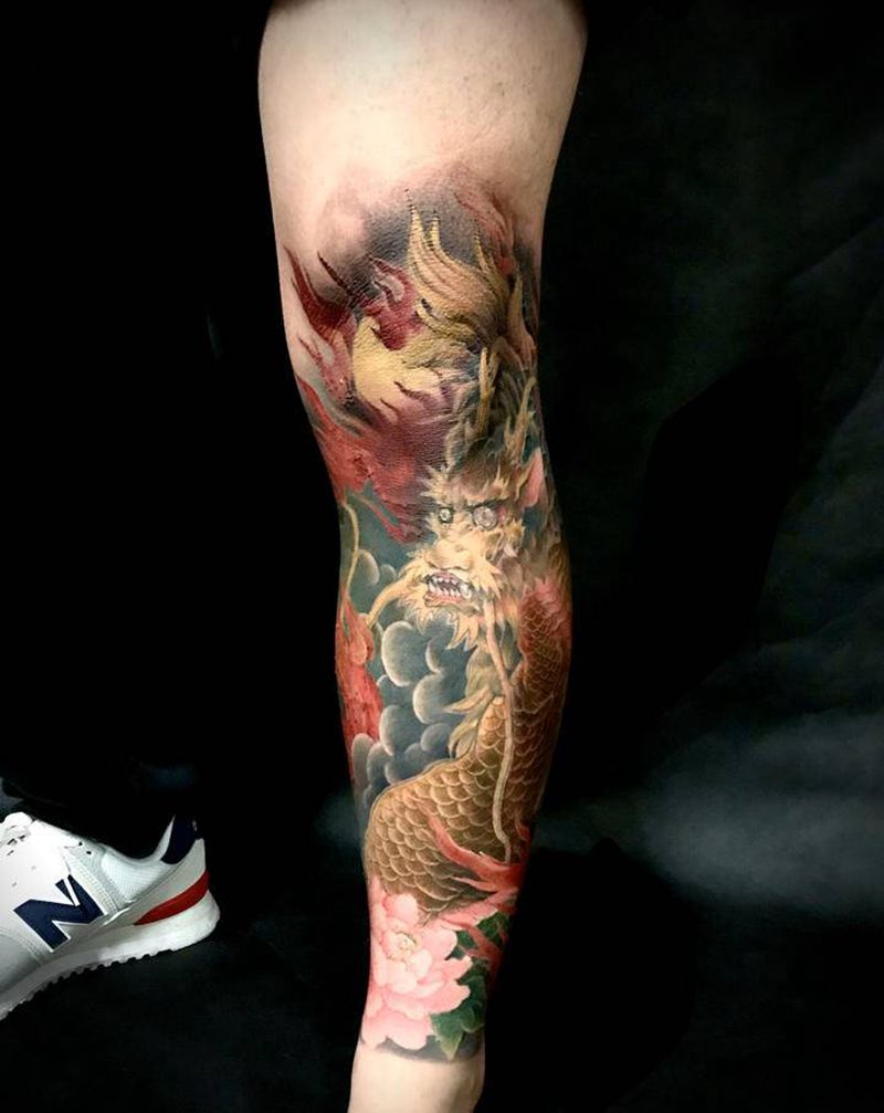 龙马纹身图片_腿部老传统新传统纹身图案