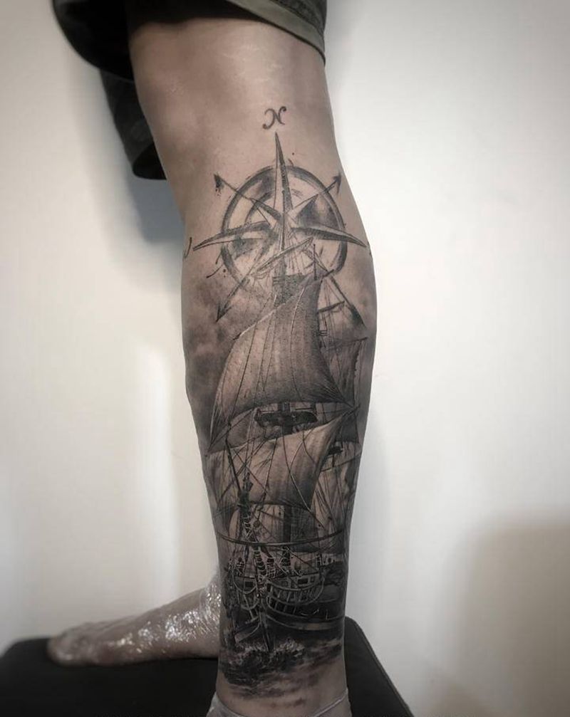帆船纹身图片_腿部欧美写实帆船纹身图案