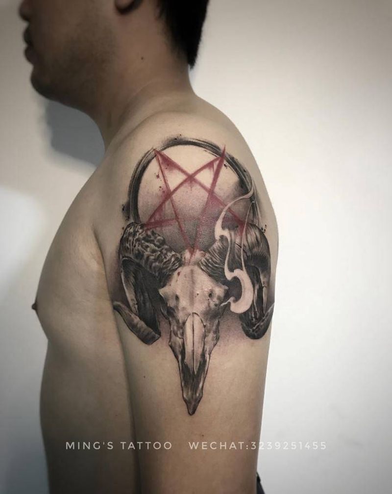 羊骷髅纹身图片_手臂欧美写实羊骷髅纹身图案