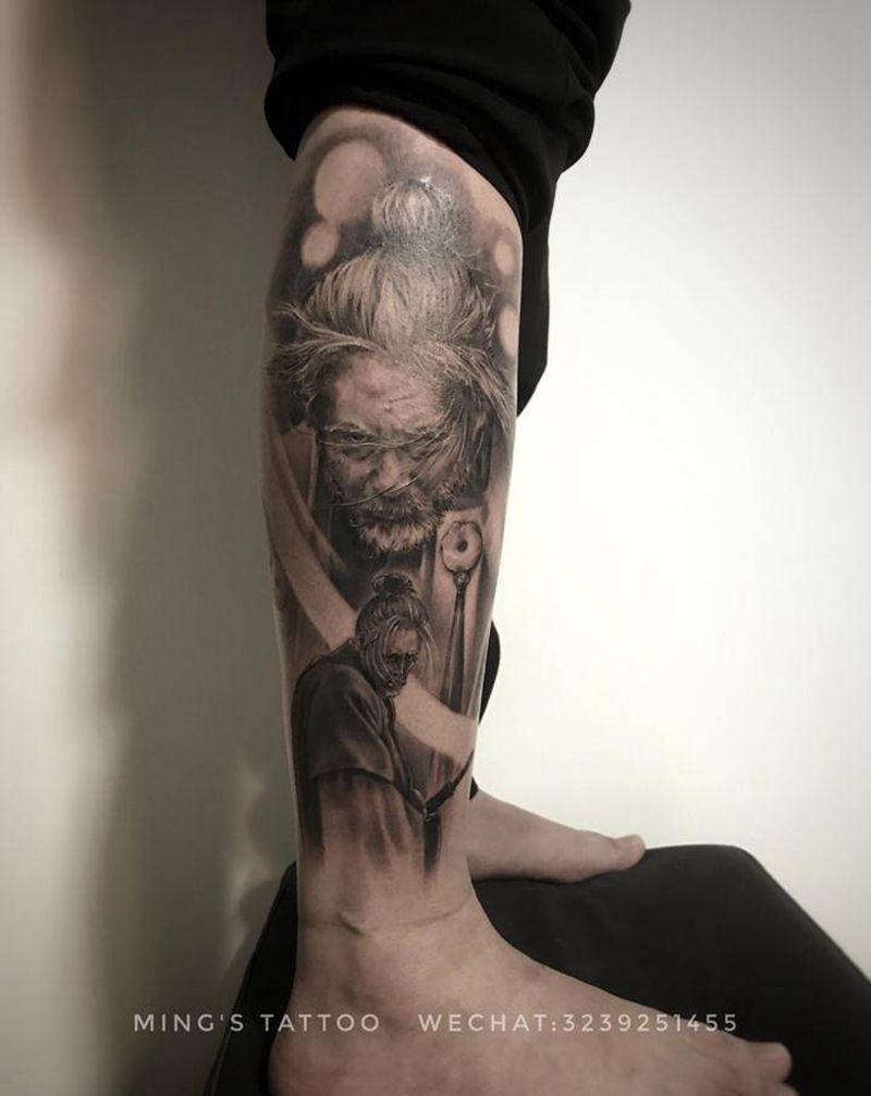 司马懿纹身图片_腿部欧美写实肖像司马懿纹身图案