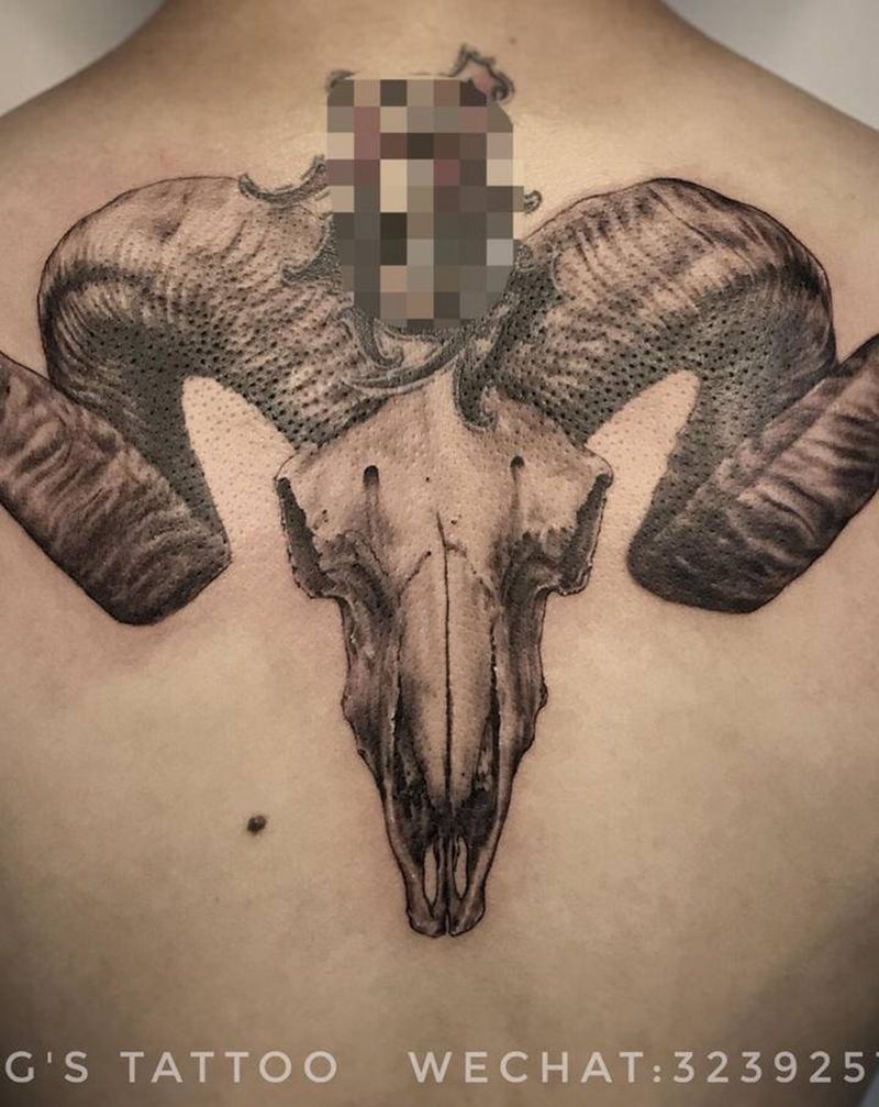 添加纹身 羊骷髅纹身图片_背部欧美写实羊骷髅纹身图案