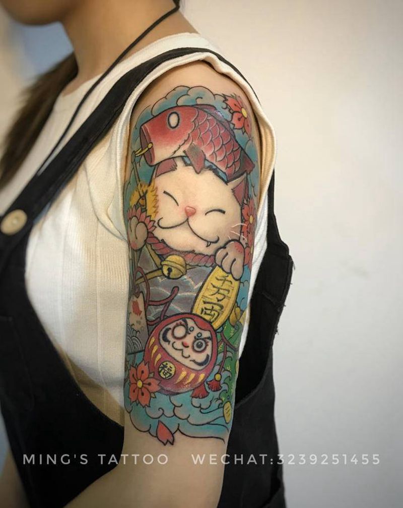 招财猫纹身图片_手臂New School招财猫纹身图案