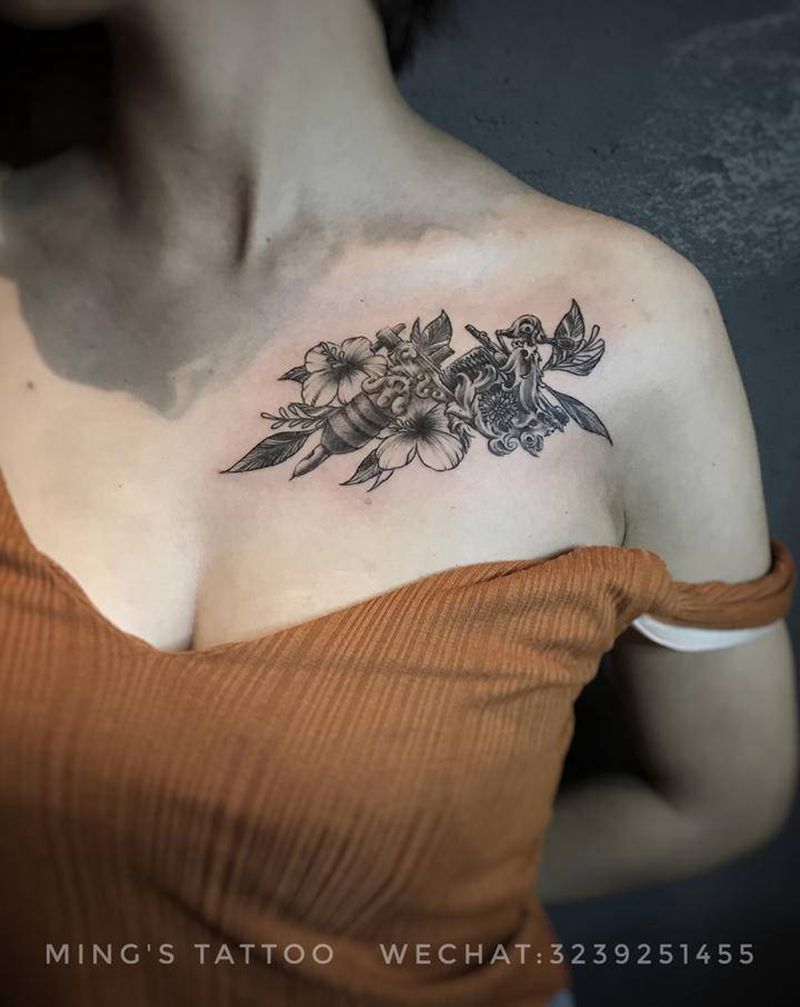 复古纹身机纹身图片_肩部点刺机花纹身图案