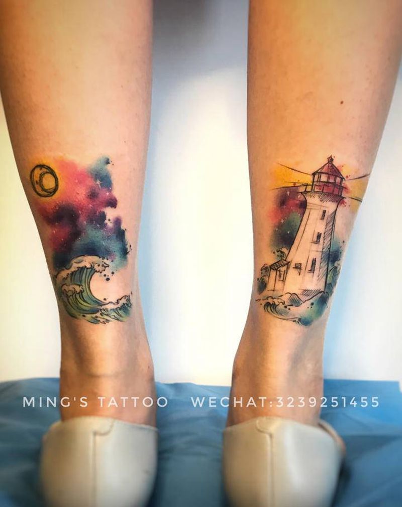 水彩灯塔纹身图片_腿部水彩灯塔水彩纹身图案