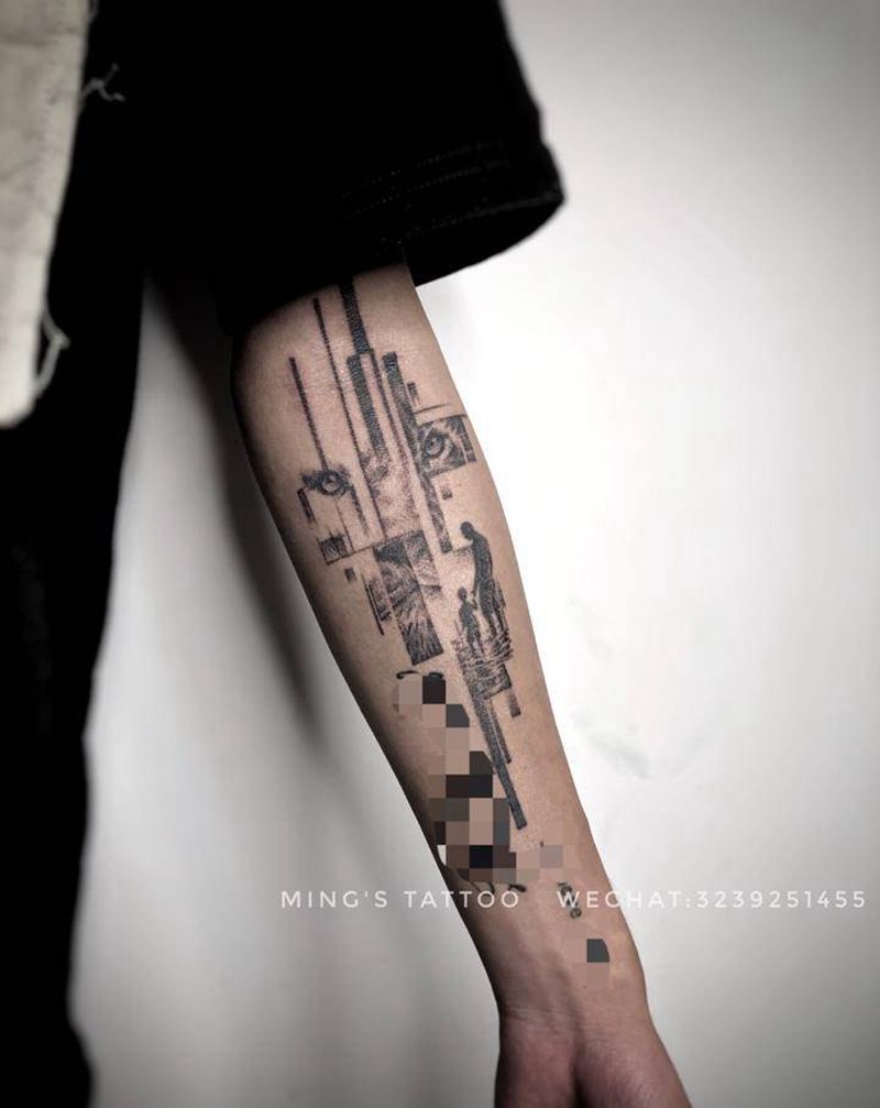 雄狮纹身图片_手臂欧美写实点刺狮子父子亲情纹身图案