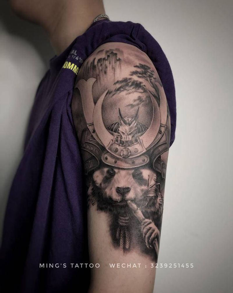 武士熊猫纹身图片_手臂欧美写实武士熊猫纹身图案