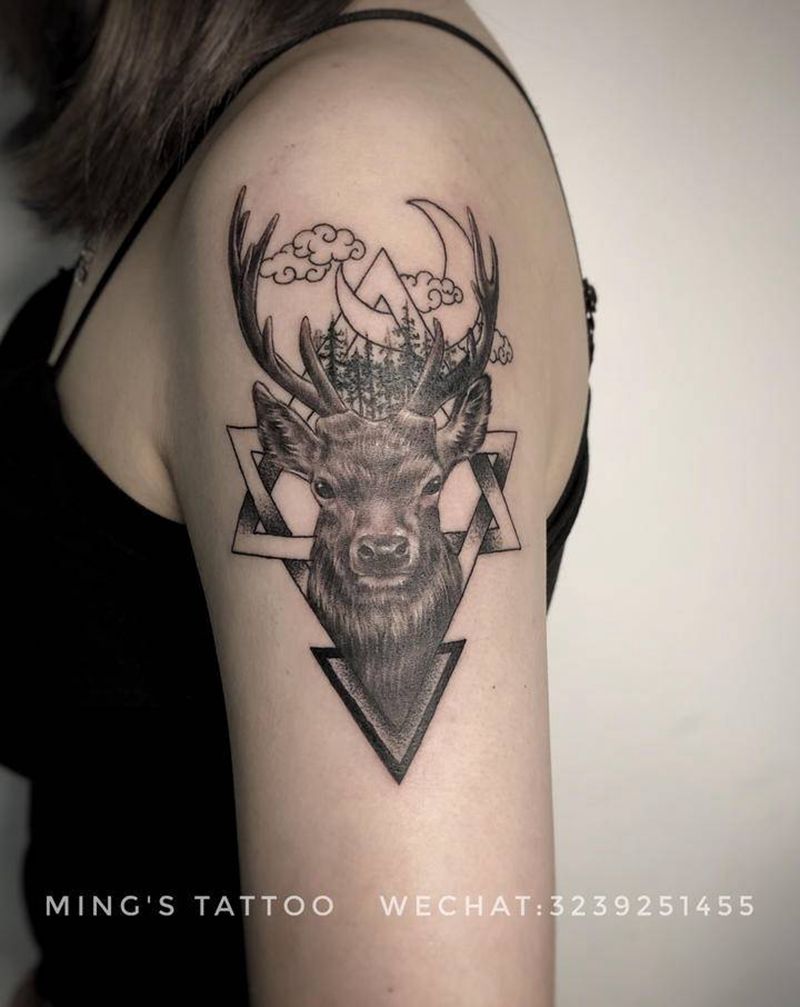 鹿纹身图片_手臂欧美写实鹿遮盖纹身图案