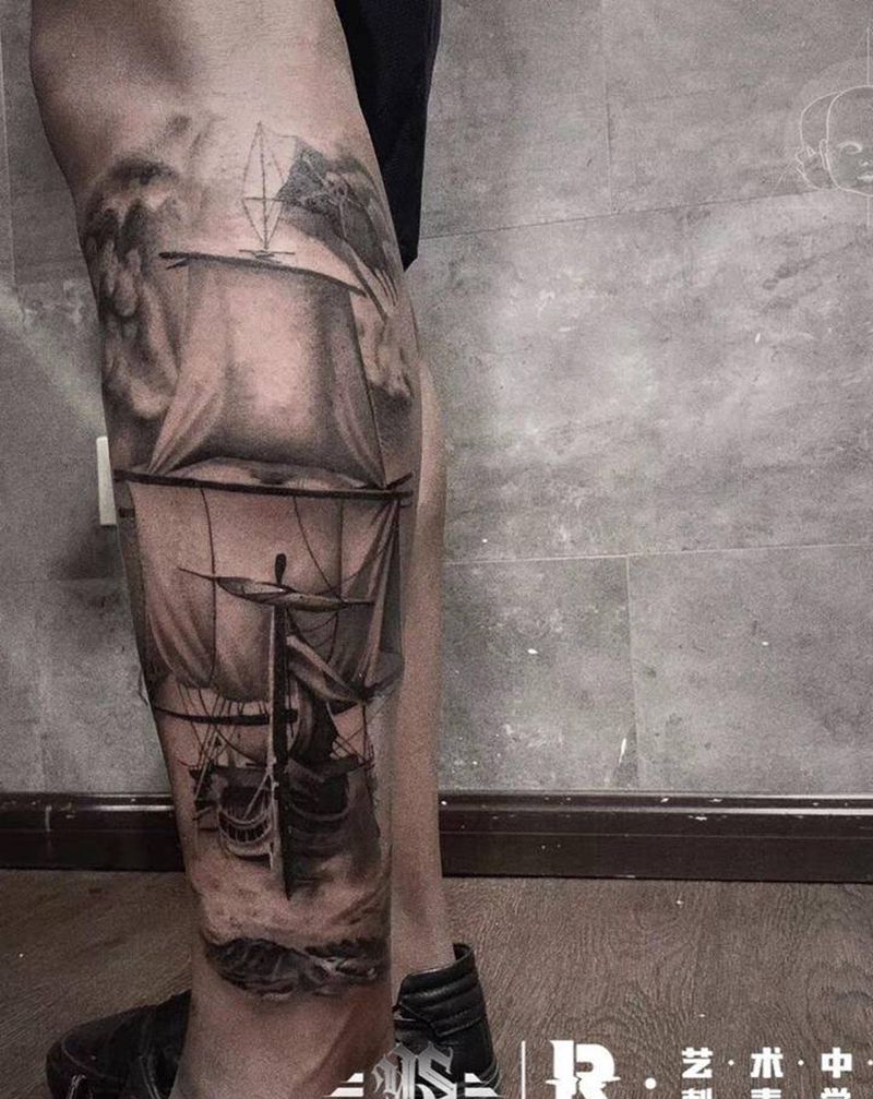 店内作品纹身图片_腿部欧美写实纹身图案