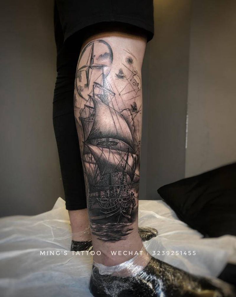 帆船纹身图片_腿部欧美写实帆船纹身图案