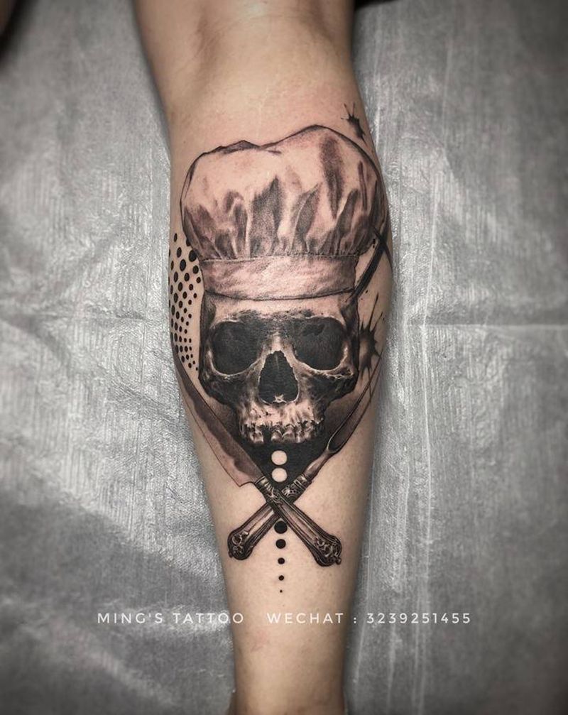 骷髅厨师纹身图片_腿部欧美写实骷髅厨师纹身图案