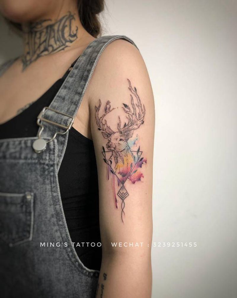 水彩小鹿纹身图片_手臂水彩水彩纹身图案