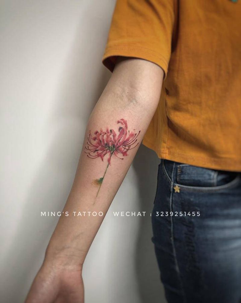 彼岸花纹身图片_手臂水彩彼岸花曼珠沙华纹身图案