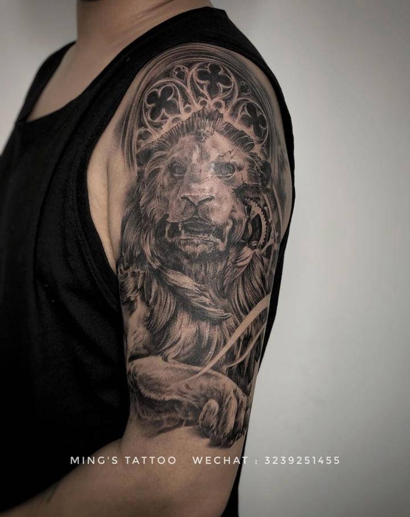 石狮纹身图片_手臂欧美写实石狮纹身图案