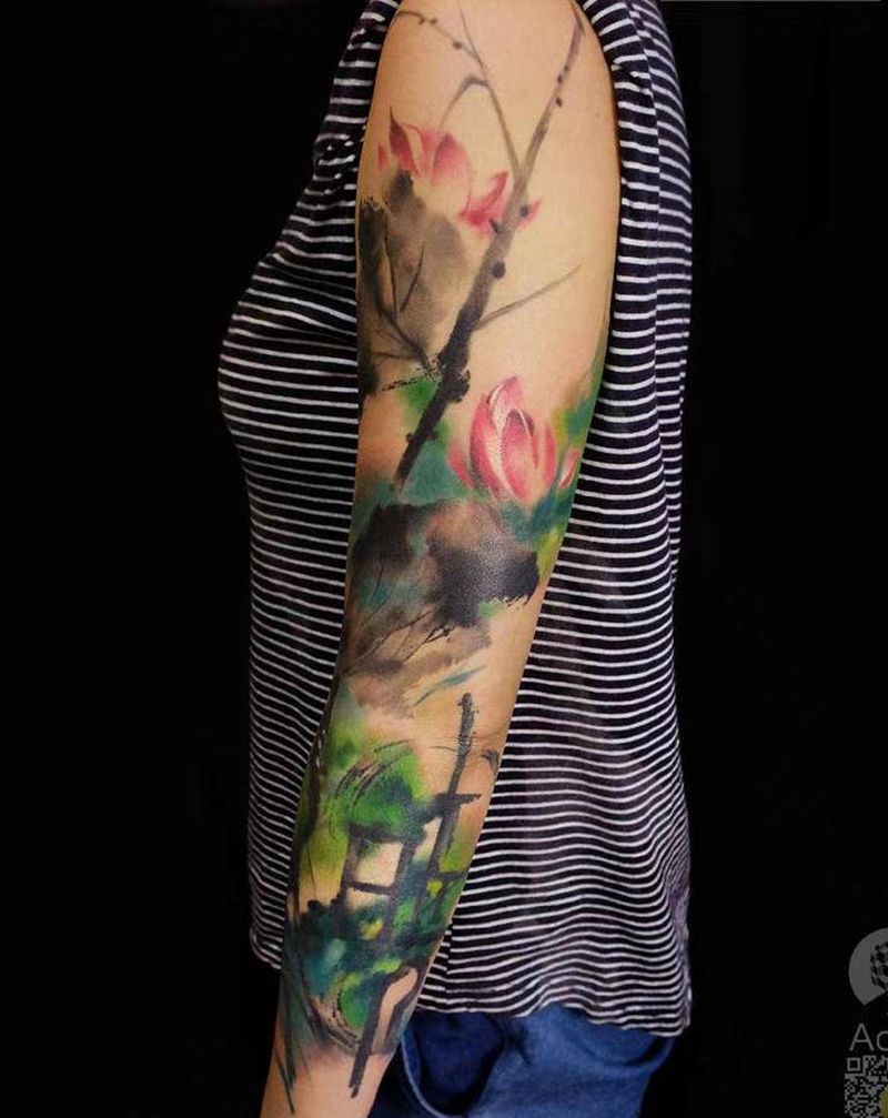 中国风水墨画包臂纹身图片_手臂水墨水彩纹身图案