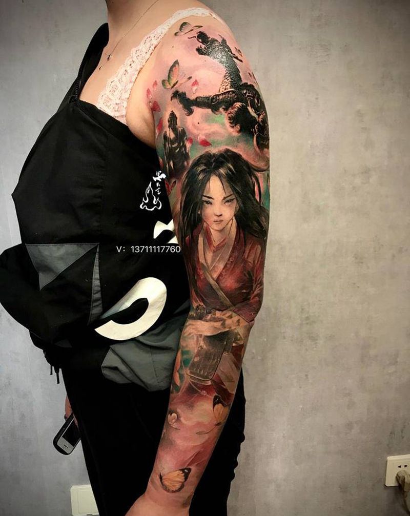 花木兰花臂纹身图片_手部手臂新传统欧美写实纹身图案