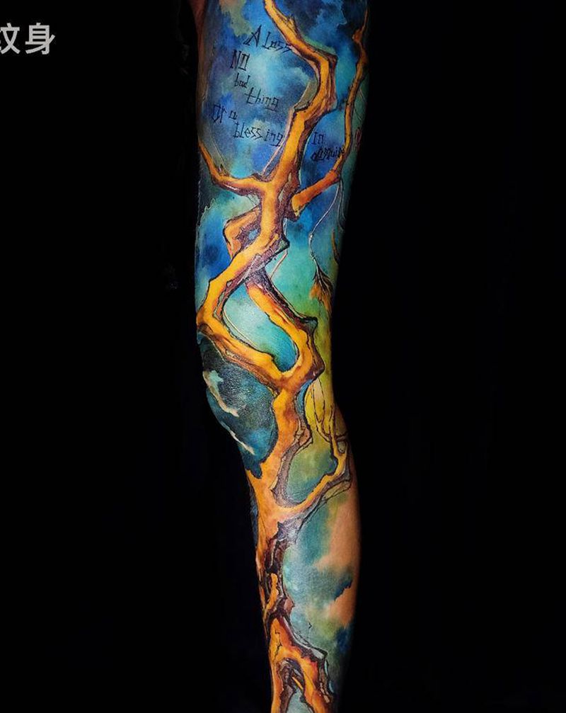 大型胎记覆盖纹身图片_腿部水彩水墨纹身图案
