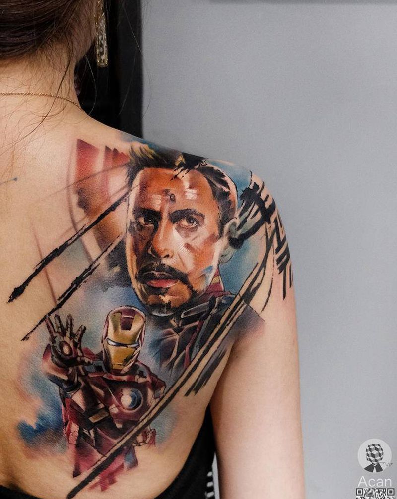 钢铁侠小迷妹纹身图片_背部欧美写实水彩纹身图案