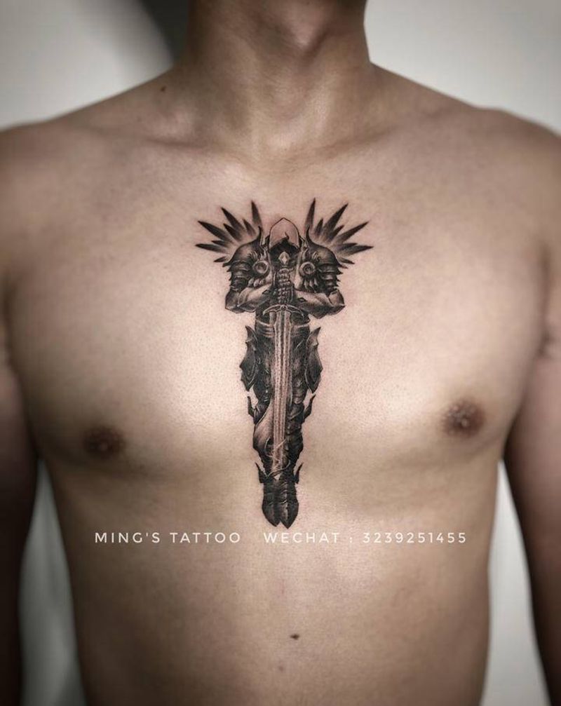 天使纹身图片_胸部欧美写实天使纹身图案