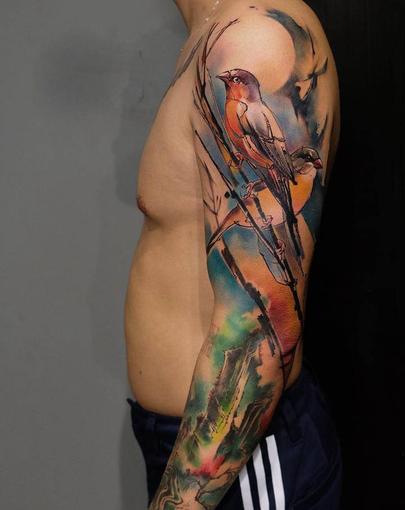 加个鸟儿，比翼双飞纹身图片_手臂水彩水墨纹身图案