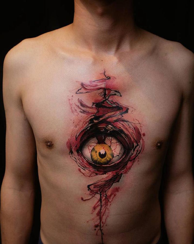 眼纹身图片_腹部胸部水墨纹身图案