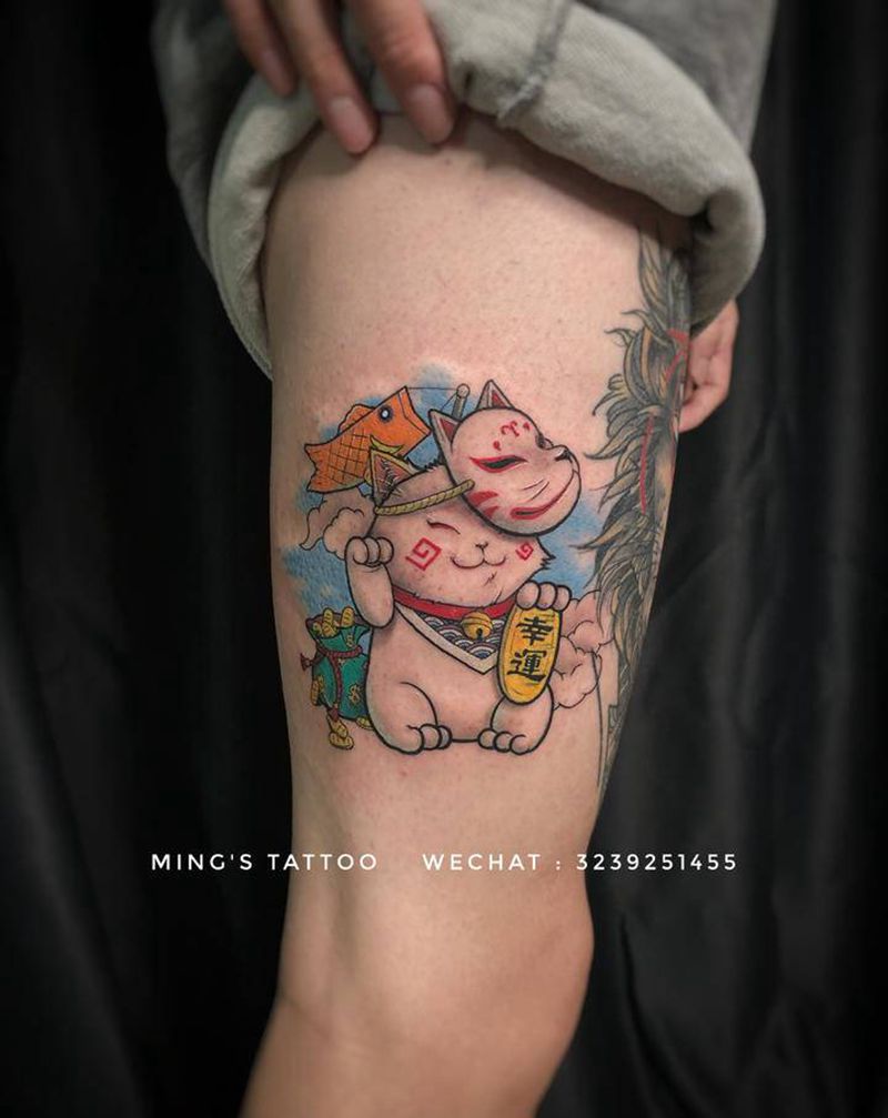 招财猫纹身图片_腿部New School招财猫纹身图案