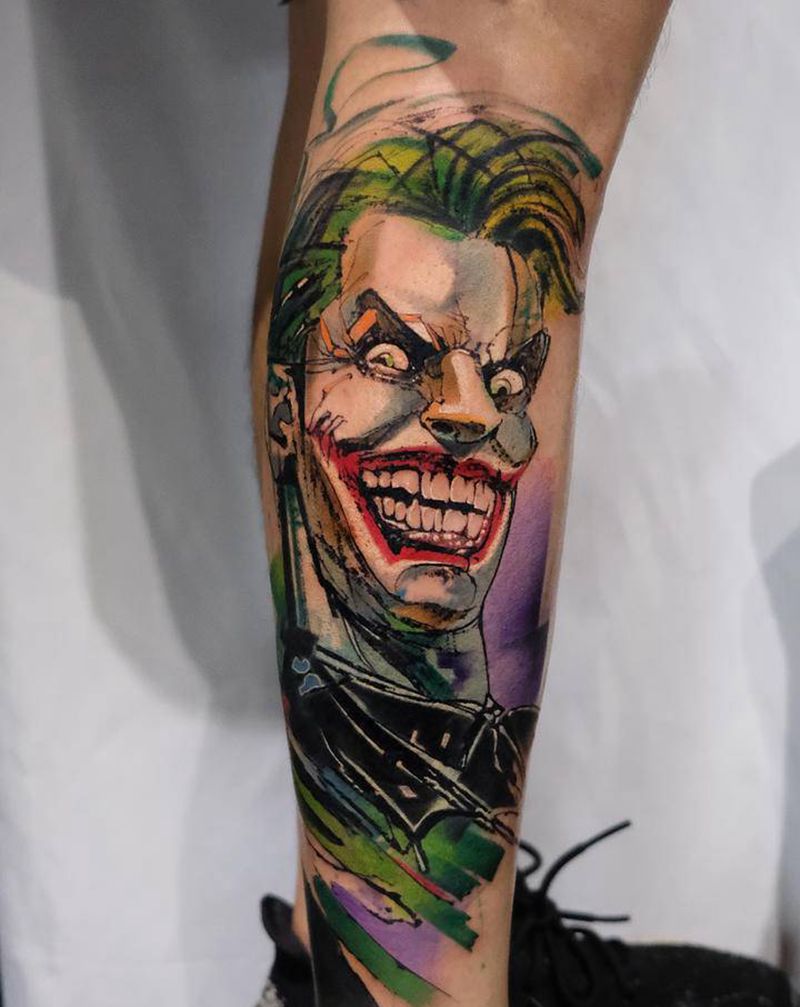 小丑覆盖纹身纹身图片_脚部水墨水彩小丑纹身图案