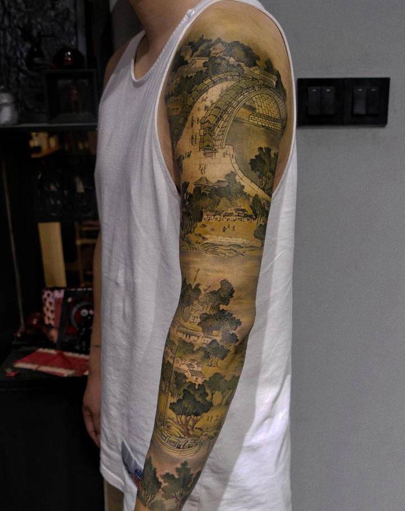 清明上河图（基本完成）纹身图片_手部手臂水墨纹身图案
