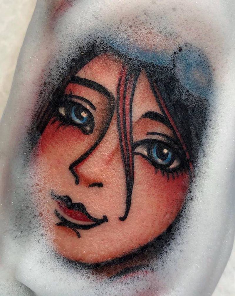 oldschool人物定制纹身图片_手臂肩部Old School水彩人物肖像花海豹纹身图案