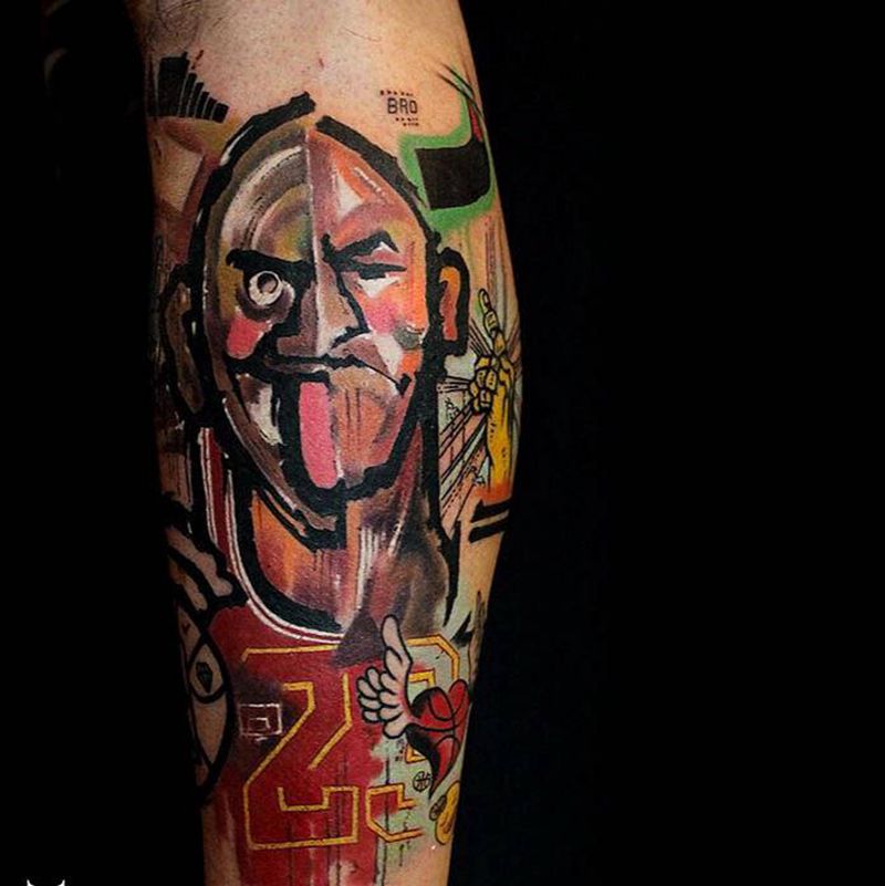 Q版乔丹纹身图片_脚部腿部水彩New School纹身图案