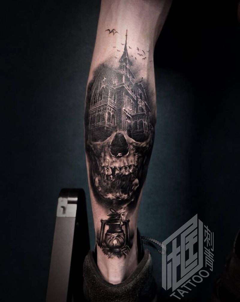 骷髅纹身图片_腿部欧美写实骷髅纹身图案