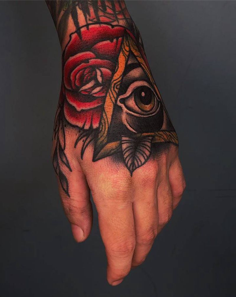 oldschool全视之眼纹身图片_手部老传统Old School玫瑰上帝之眼纹身图案